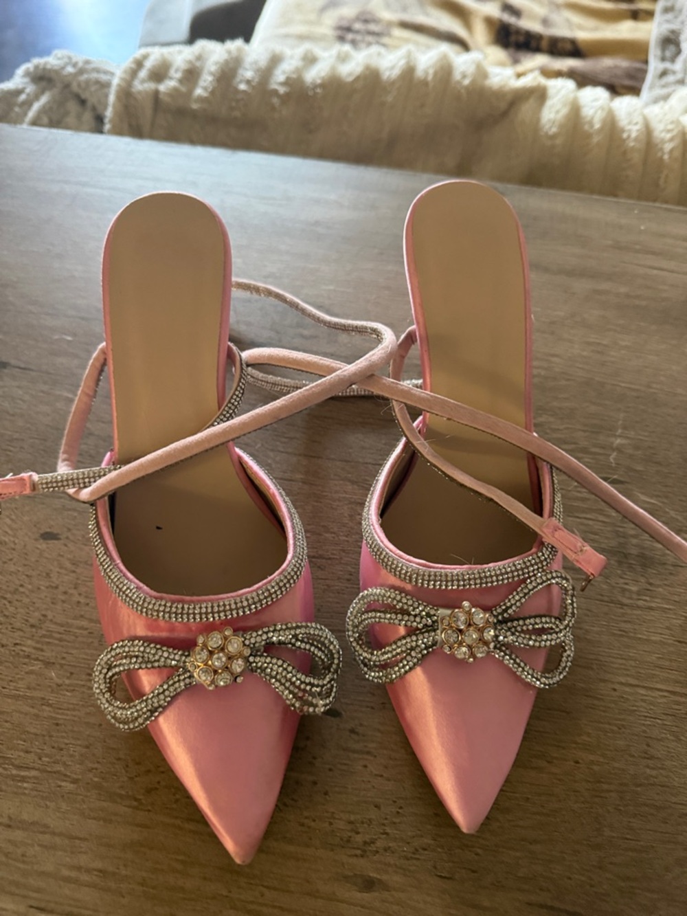 Elegant Pink Satin Pointed Toe Heels with Crystal Bow